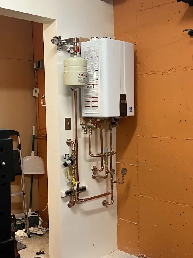 Plumbing technician inspecting water heater connections in Dunedin